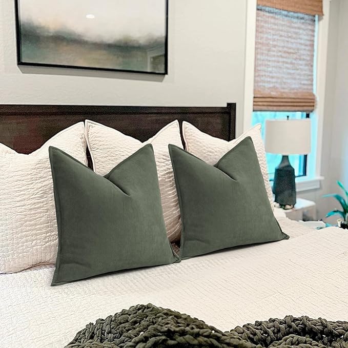 ZWJD Army Green Pillow Covers 24x24 Set of 2 Chenille Throw Pillow Covers with Elegant Design Soft and Luxurious Decorative Throw Pillows for Couch, Bed, and Home Decor