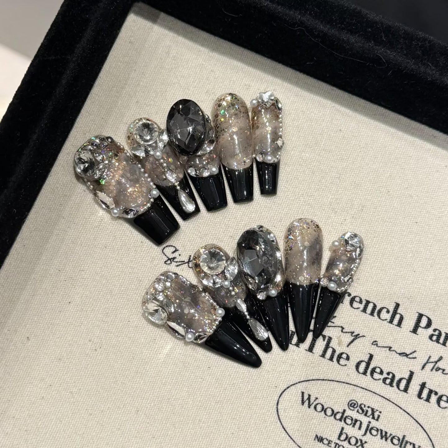Handmade Press On Nails Long Square Reusable Stick On Fake Nails Luxury Elegant Sexy Style For Women Gift With Nail Glue Black M