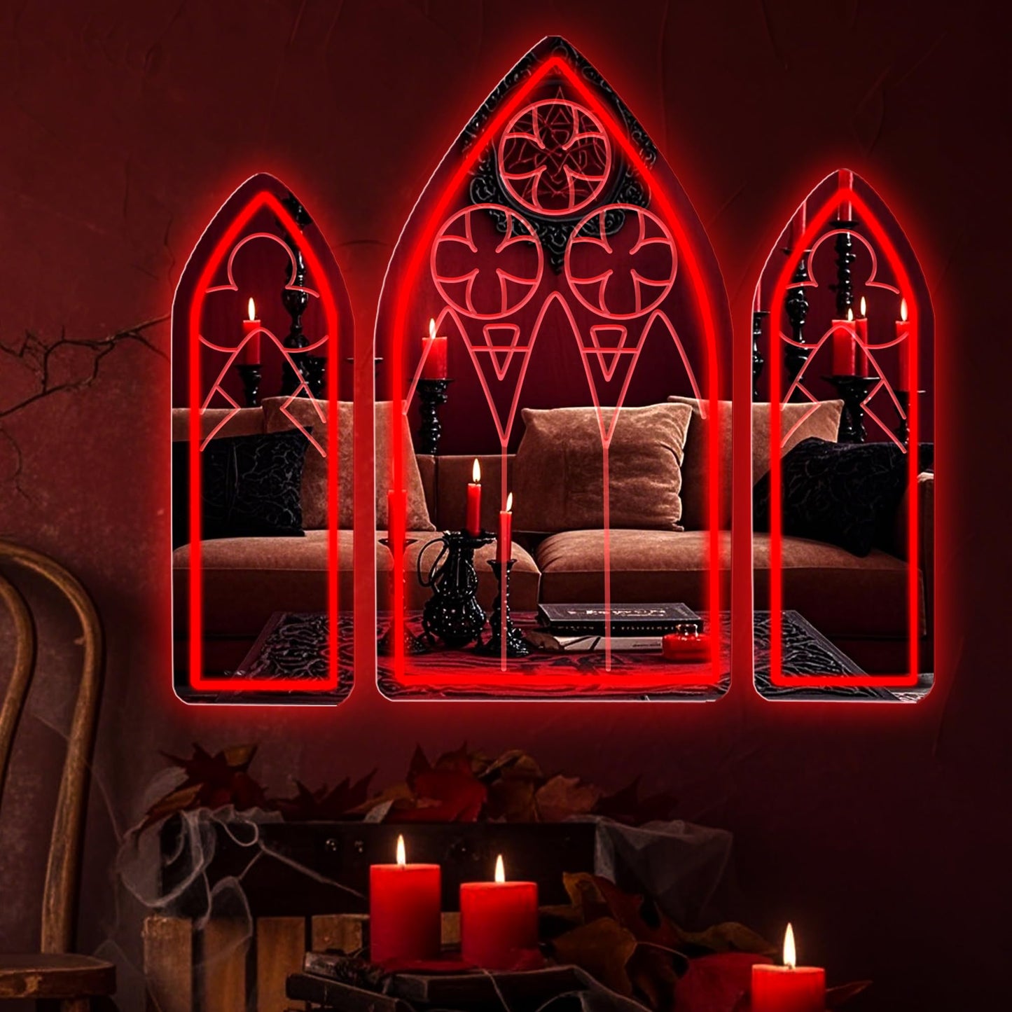 DUOLIYBC Gothic Neon Sign, Medieval Goth LED Mirror Sign Set, Window Mirror Signs for Wall Decor, Gothic Cathedral Decor, Witch Mirrors 20″ × 11.7″
