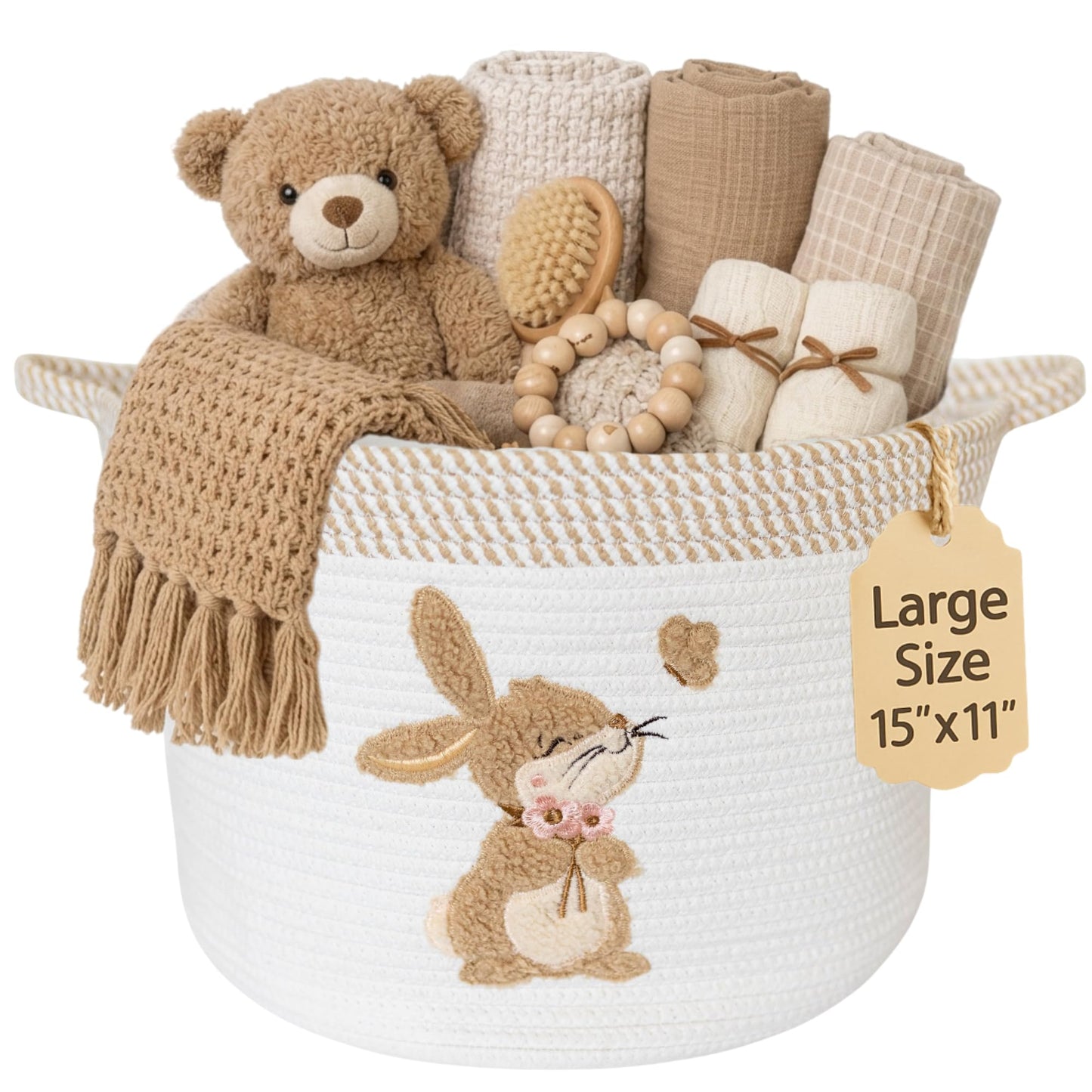 Bunny Storage Basket for Nursery – Large 15"x11" Cotton Rope Bin with Soft Embroidered Bunny Patch – Toy Organizer, Baby Laundry Hamper, Blanket & Diaper Holder – Foldable, Washable & Baby-Safe