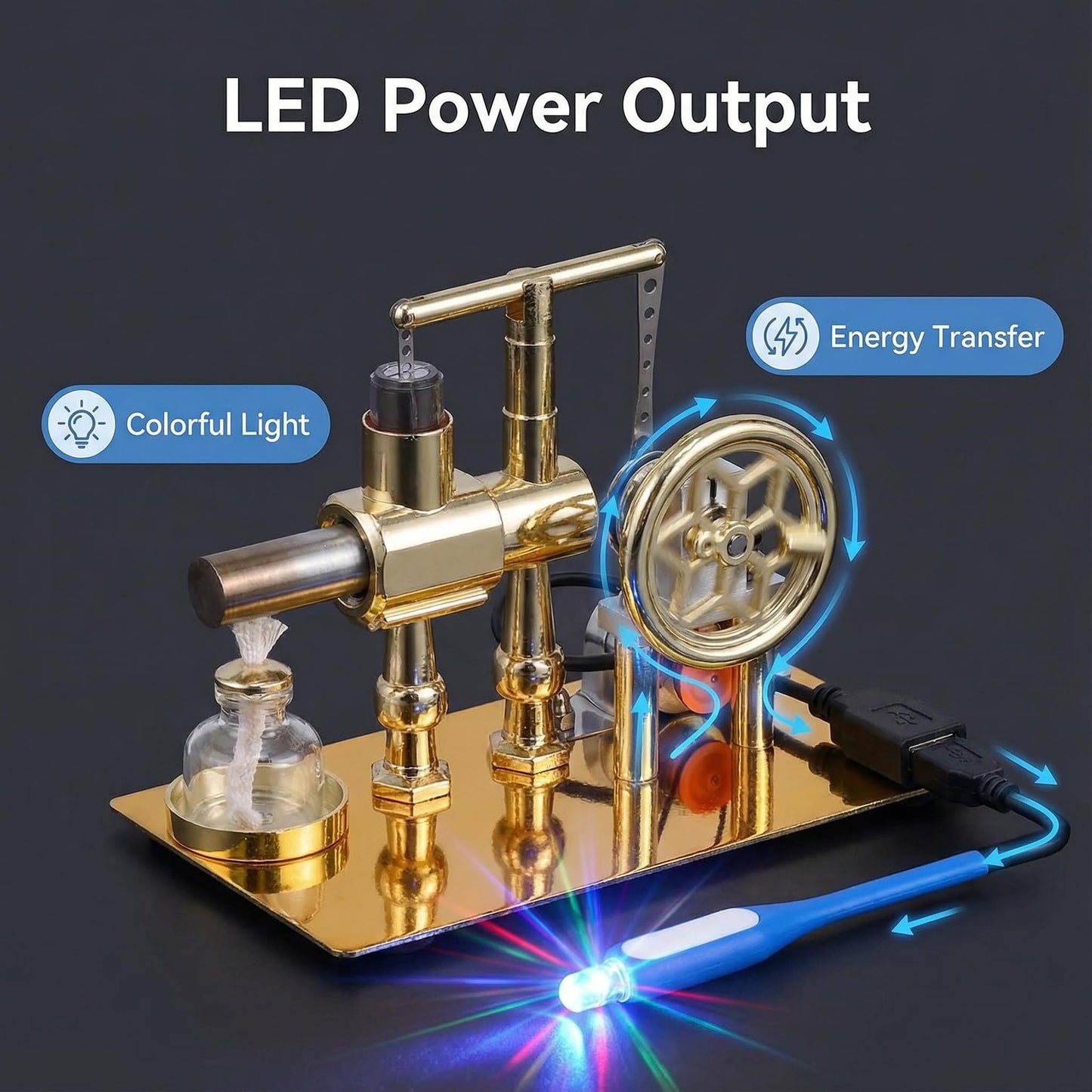 Hot Air Stirling Engine Motor Model,Stirling Engine Kit, Single-Cylinder Metal Stirling Engine External Combustion Engine Motor,DIY Hot Air Engine Gift of Air for Desktop EducationalToy (Gold)