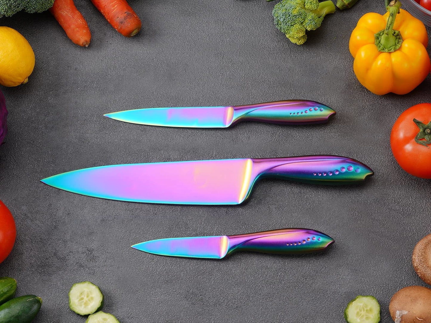 Hollory Rainbow Kitchen Knife Set 3 Piece, Razor Sharp German Stainless Steel Blade with 8 in Chef, 5 in Utility, 3.5 in Paring – Starter Set with Gift Box