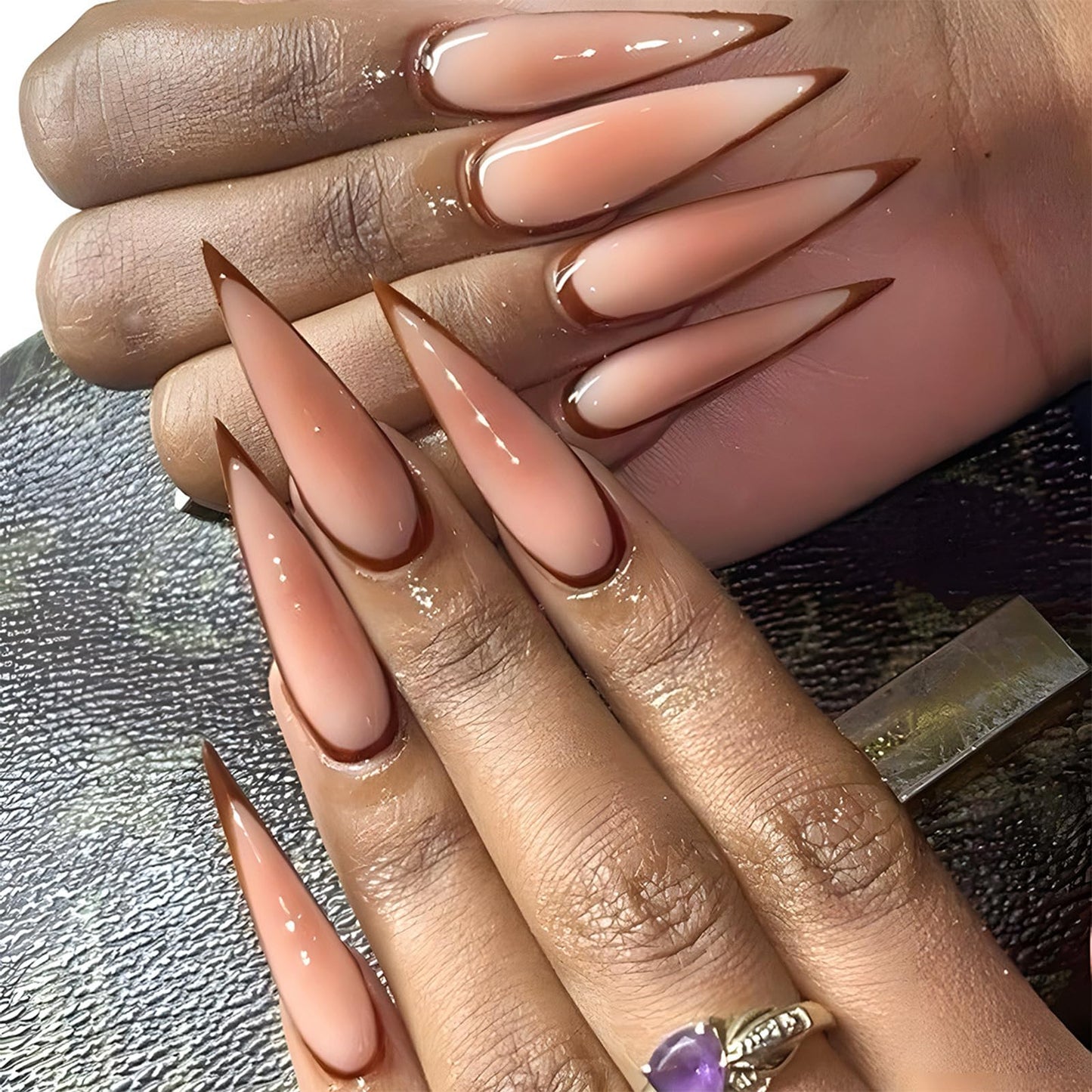 SINHOT Stiletto Press on Nails - Long Fake Nails, Glossy Finish, Nude Pink Ombre & Brown Edge, DIY Artificial False Nail Art - 24 Pcs Nail Kit with Glue