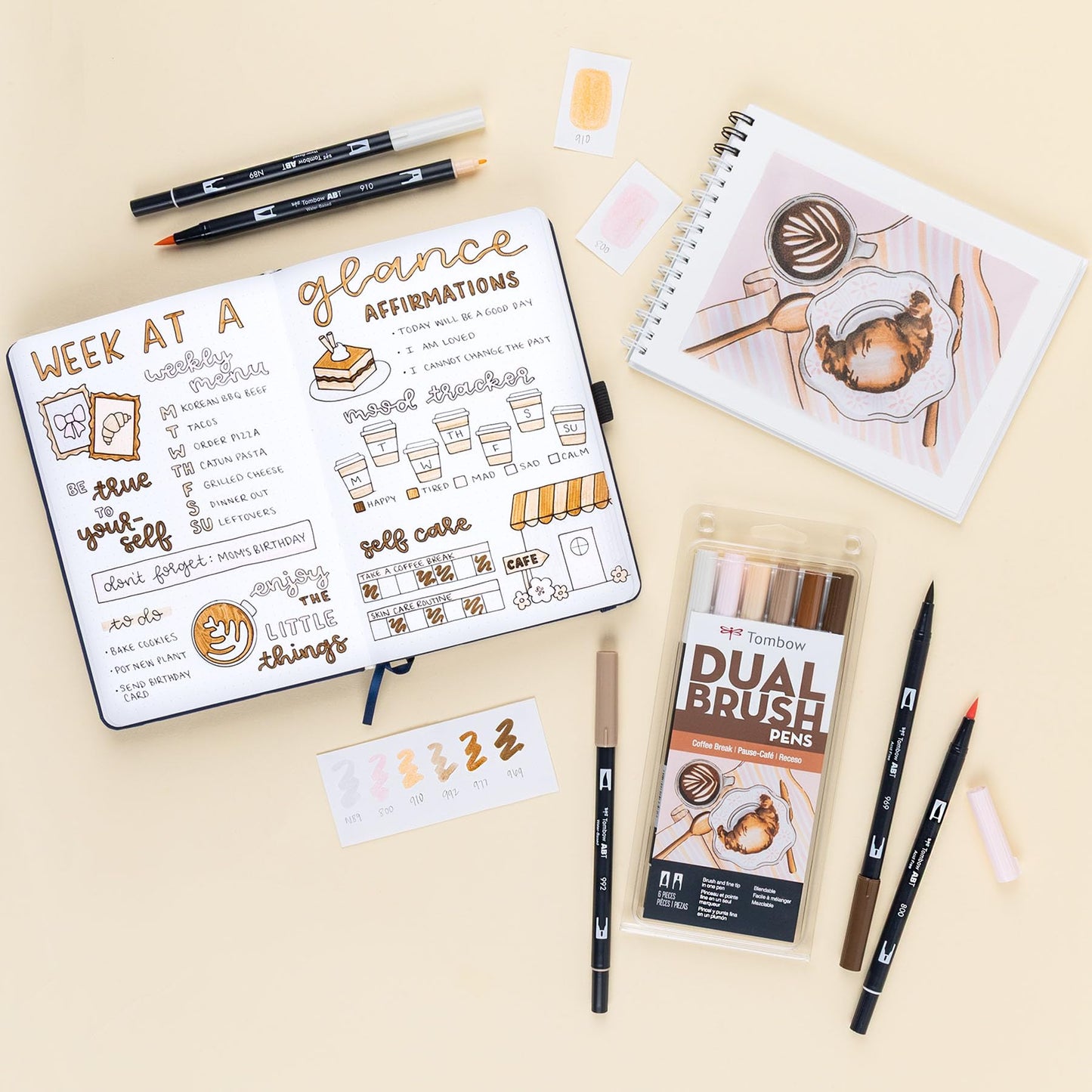 Tombow 56241 Dual Brush Pen Art Markers, Coffee Break, 6-Pack, Water-Based Ink, for Hand Lettering, Watercolor, Fine Art