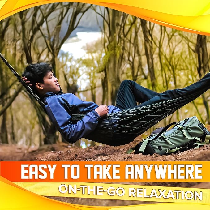Mesh Hammock - Easy to Set Up Rope Hammocks for Outside, Dark Green Color, 90x31.5 Nylon Net Hammock, Max 100 KG (220 Pounds), Tree Hammocks for Outside, Camping & Patio Relaxation