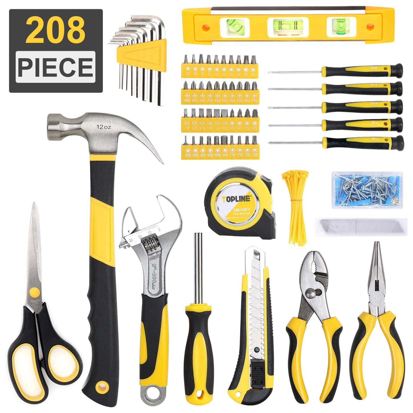 TOPLINE 208-Piece Basic Home Tool Kit with Easy Carrying Round Pouch, Household Hand Tools for Apartment, Home, Basic Tool Set, Perfect for DIY Projects, Home Maintenance