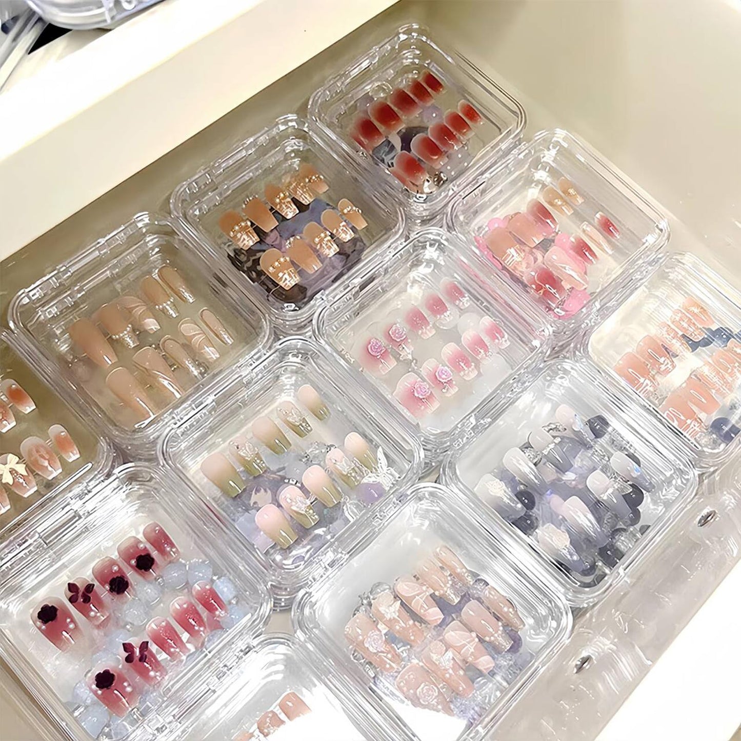 24pcs Press on Nail Storage Box with 10M Adhesive Double Sided Tape Acrylic Nail Display Box Artificial False Nail Box Organizer Fake Nail Case Transparent Nail Packaging Boxes for Nail Salon