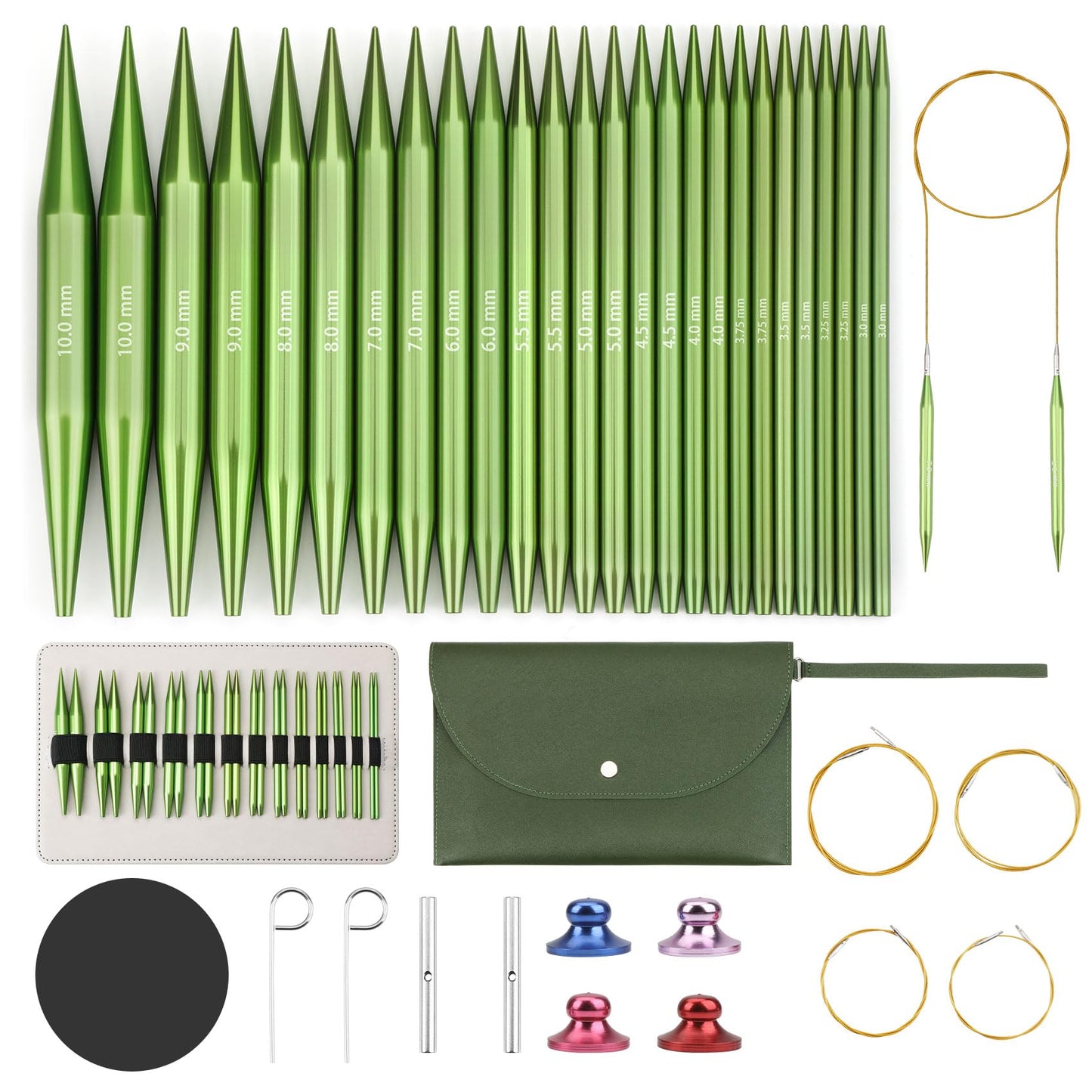 Interchangeable Circular Knitting Needles Set Premium Aluminum Knitting Kit 13 Pairs of 4 Inch with 4 Cables, Accessories and Storage Bag Green