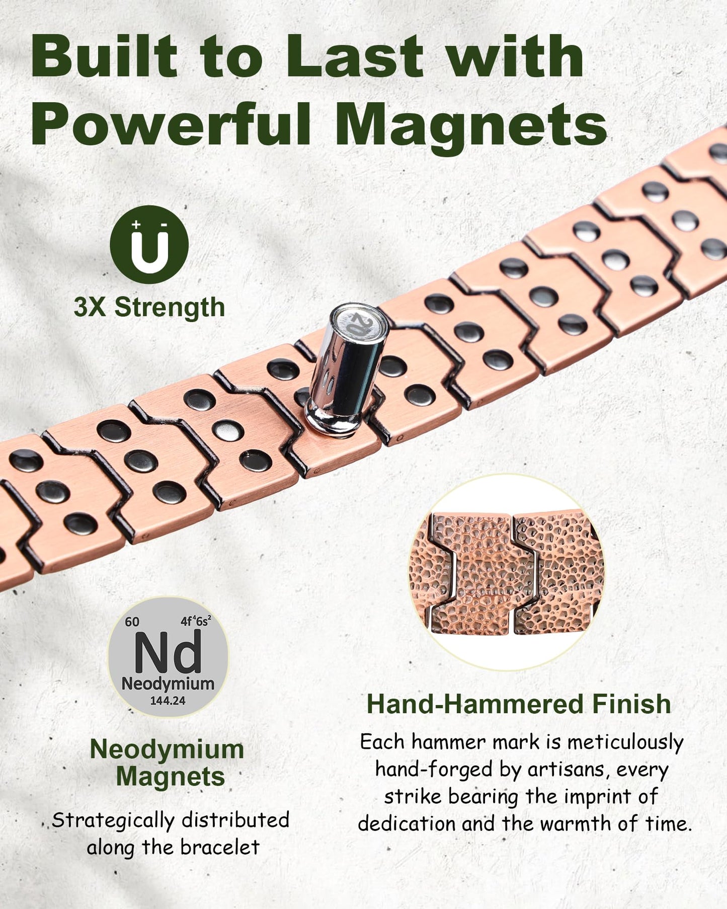 MagEnergy Copper Bracelet for Men, 3X Strength Magnetic Bracelet with 3800 Gauss Magnets, Hammered Design&Patent Pending, Adjustable Length with Sizing Tool