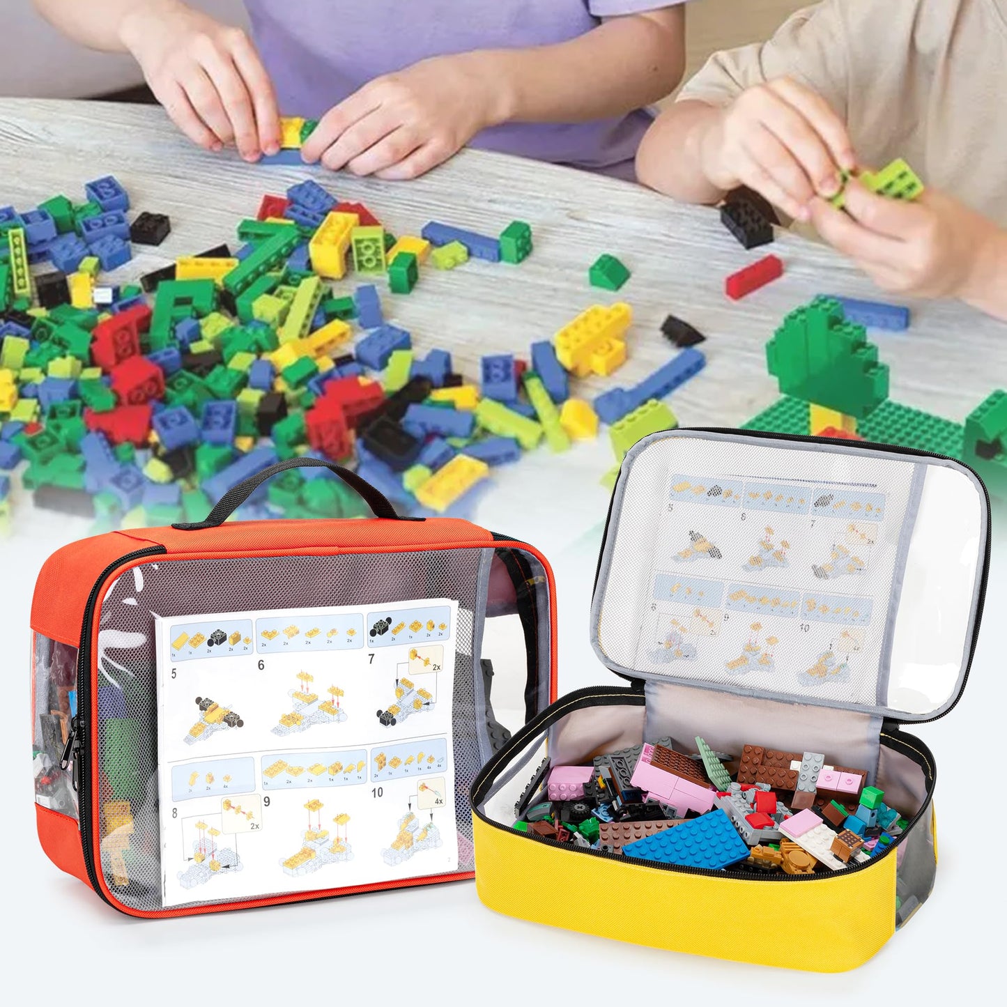 Rexmica 4-piece Toy Storage Organizer Bag, Travel Organizer Case for Building Blocks, Dolls, Crafts, Magnetic Building Tiles, Blocks Toy Storage Bag with Visible Top