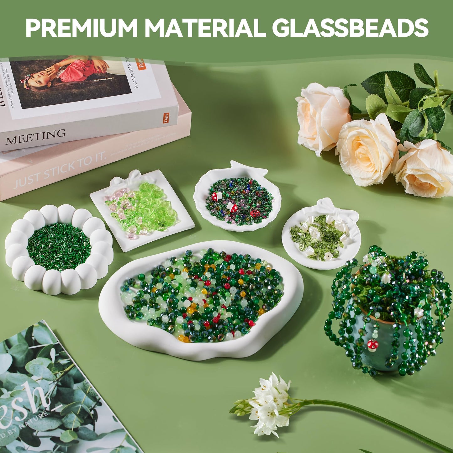 Green Glass Beaded Plant Kit, Forever Plant Beaded Leaf Flower Beads for Succulent Plant Jewelry Making and DIY Crafts
