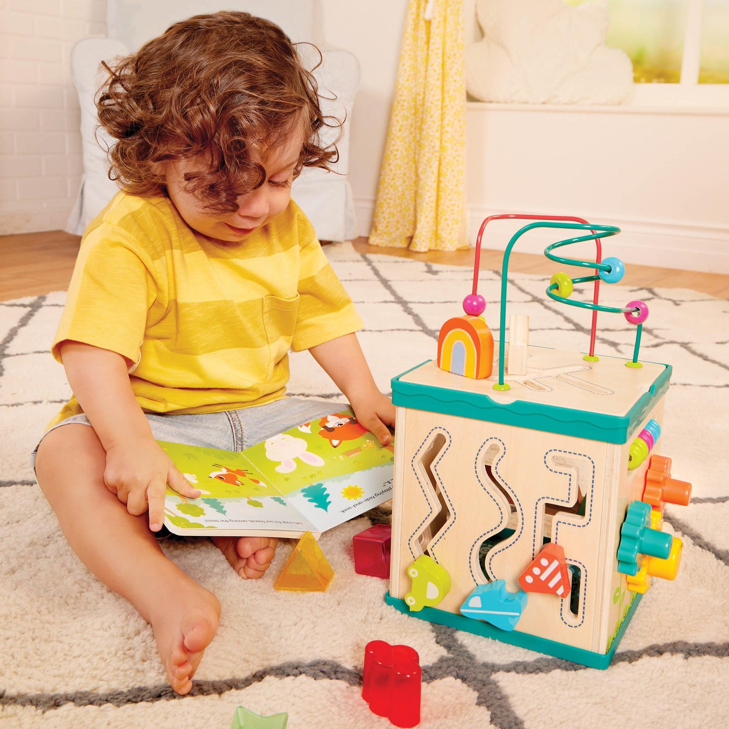 B. toys – Tabletop Activity Cube – Educational Storybook Included – Wooden Shape Sorter, Bead Maze, Animal Tiles – Top Flips for Compact Storage – 12+ Months – Lil' Learning Cube