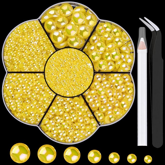 Nail Art Flat Back Half Round Pearl Kits 30, 1 Box of 6000 Pcs Flat-Back Lemon Yellow AB Pearl with Tweezer and Picker Pencil for Home DIY Nails Body Face Craft and Salon Use