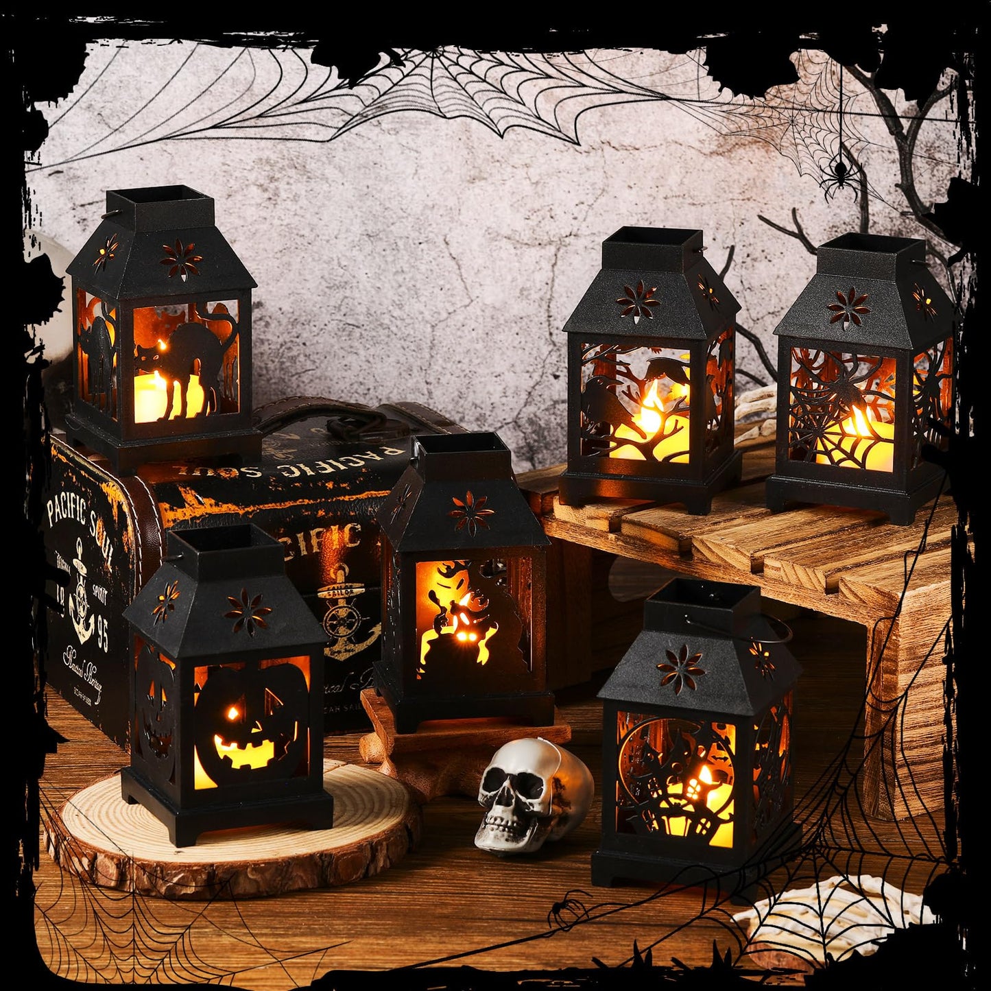 Tujoe 6 Pcs Halloween Mini Lantern with Flickering LED Candles 4.5 Inch Halloween Lantern Decoration Bulk Decorative Hanging Spooky Halloween Lanterns for Indoor Outdoor Party Halloween Decoration