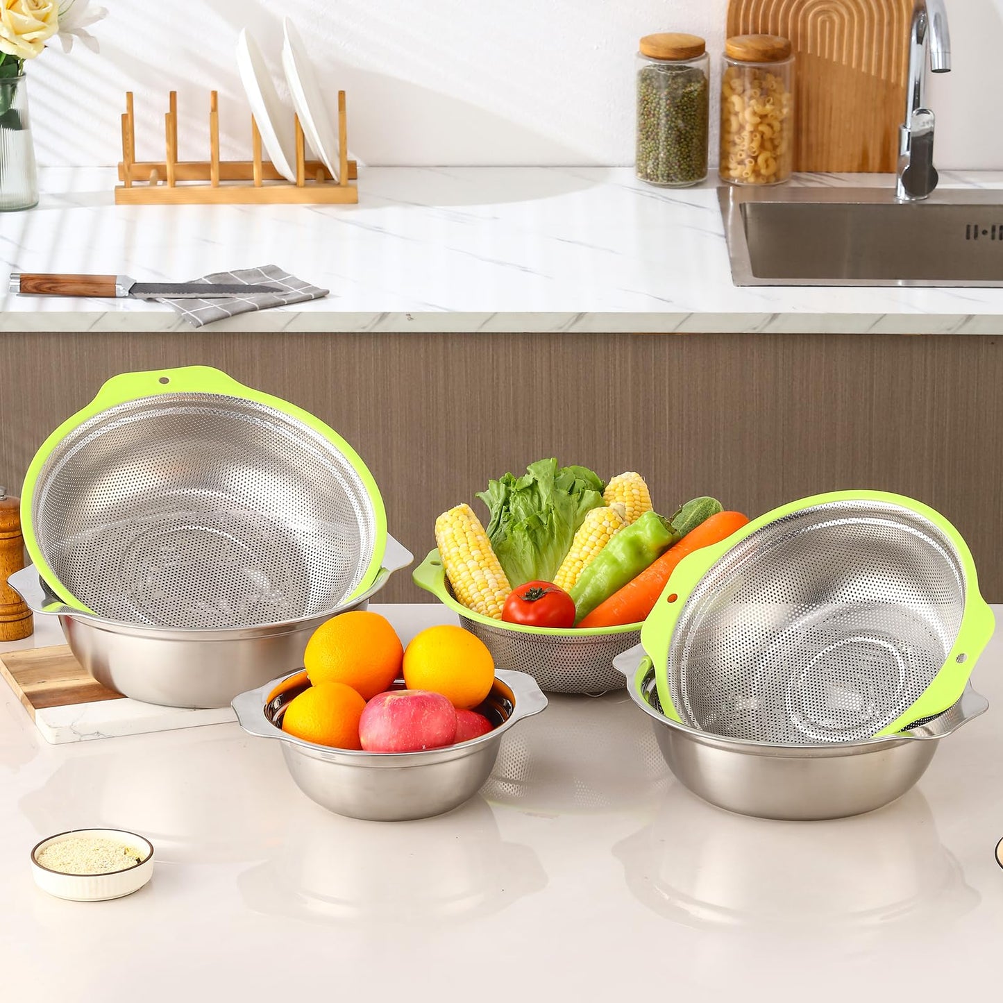 AHIABOAT Colander Stainless Steel Microporous, 2QT Rice Strainer with Mixing Bowl, Rice Washer Bowl Set with Handle, Food-Grade Strainers and Colanders for Kitchen, Pasta, Fruit, Dishwasher Safe