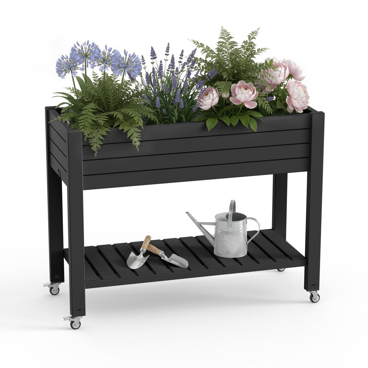 EasyUp 21 Gallon Raised Garden Bed with Legs and Wheels, Raised Planter Box with Drainage Plug and Gauge, Lower Shelf for Tools and Accessories, Dust-Proof Resin for Patio and Backyard(Black)