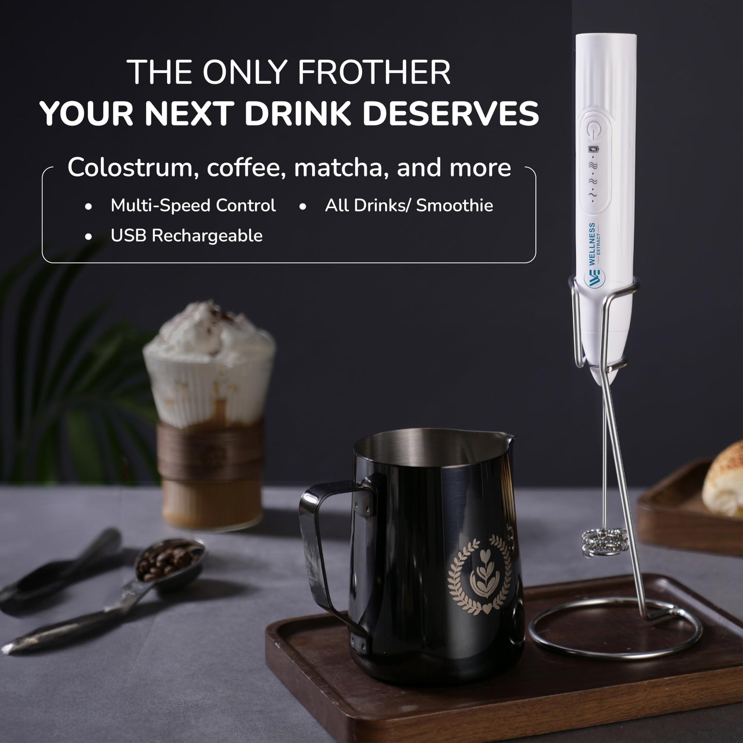 Wellness Extract Multi-Speed Rechargeable Electric Milk Frother, Li-ion Battery Powered – Certified Safe, Ideal for Coffee, Matcha, Protein & Colostrum