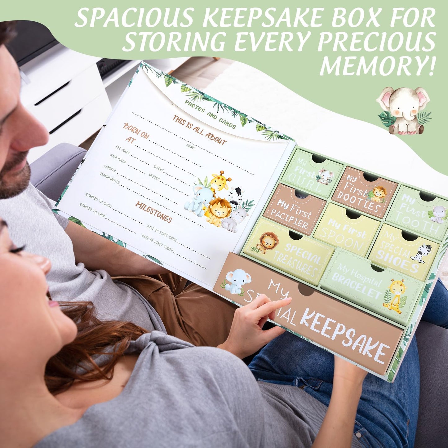 Beeveer Baby Keepsake Box Newborn Memory Organizer with 9 Labeled Compartments First Keepsake Book Gift Box for Pregnancy Mother"s Day Baby Shower New Maternity (Green,Jungle Animal)