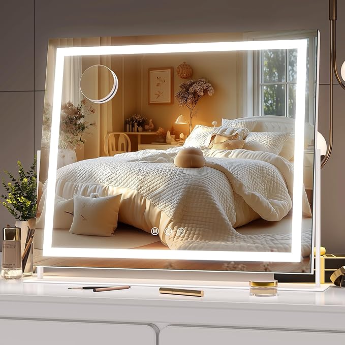 Hasipu Vanity Mirror with Lights, 16.9" x 13.4" LED Makeup Mirror, Light up Mirror with 10X Magnification, Smart Touch 3 Colors Dimmable, 360° Rotation (White)