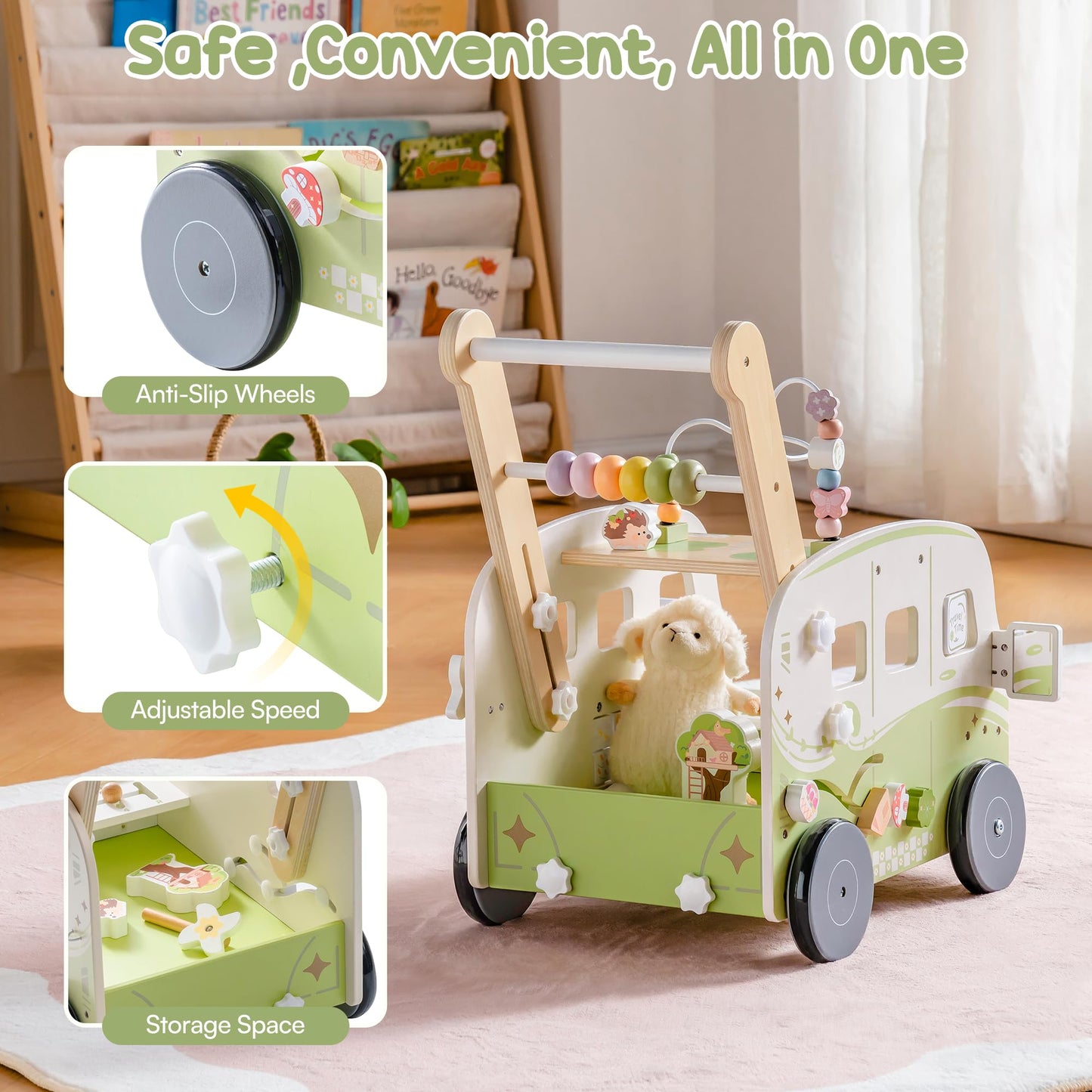 ROBOTIME Wooden Baby Walker, Baby Push Walker, Ajustable Speed Multi-Functional Baby Walker with Wheels for Babies Learning to Walk, Sit-to-Stand (Green)