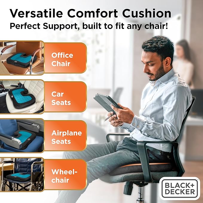 BLACK+DECKER Gel U-Shape Seat Cushion – Cooling Memory Foam Chair Cushion for Office, Car, Wheelchair & Airplane – Ergonomic, Non-Slip, Pain Relief, Washable Cover