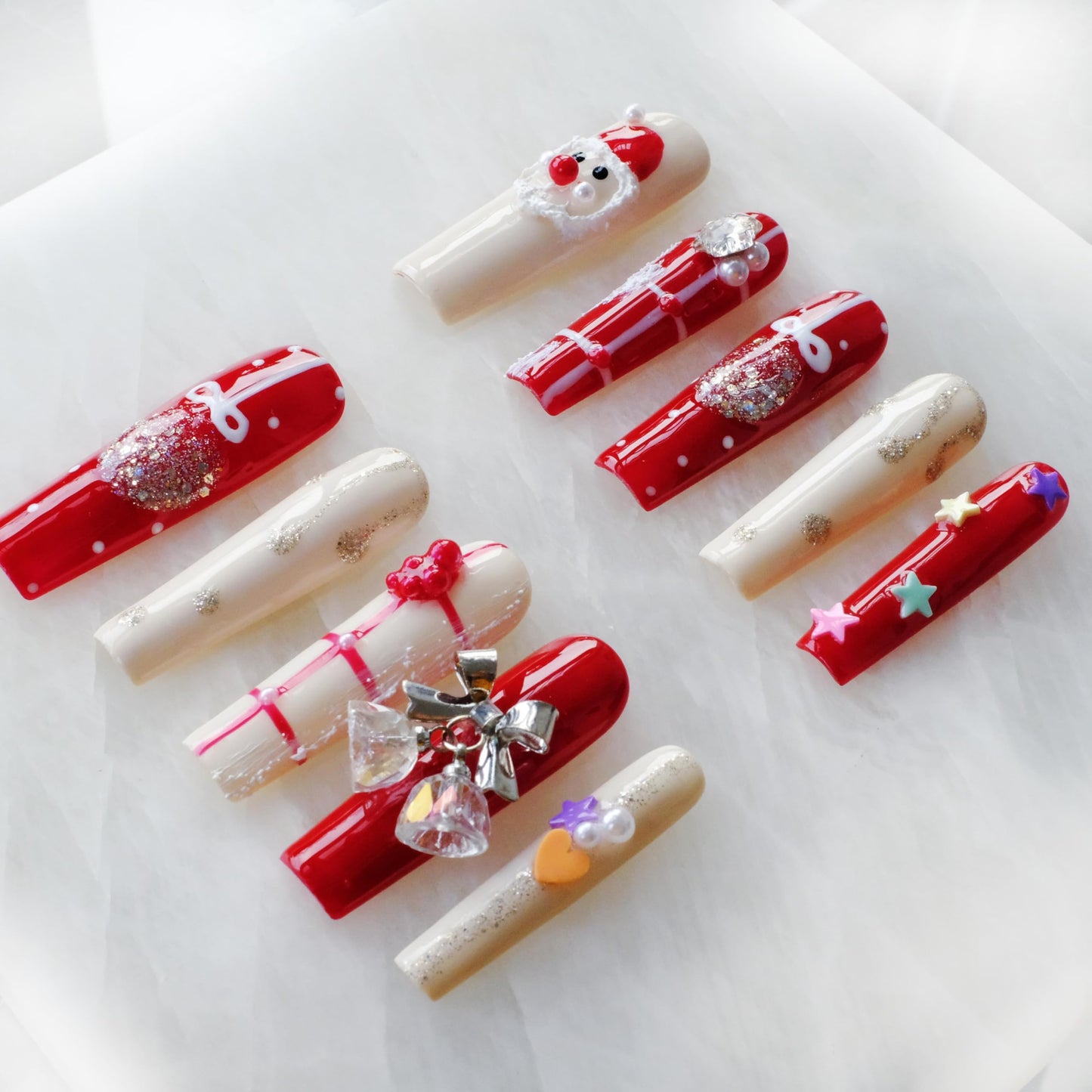 GLORS Christmas Press-On Nails, Long Coffin Shape, Red and White Holiday Design with Snowman and Bows, 10 Pieces (Small, LS)