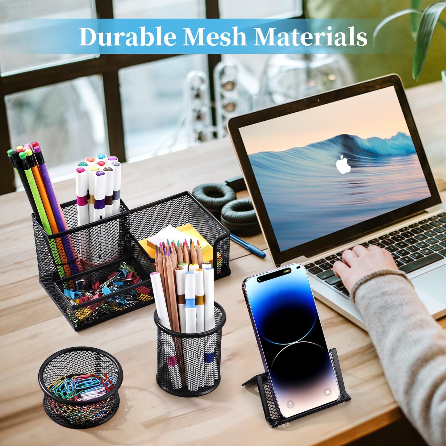 Byjoph Mesh Pen Holder for Desk Pencil Holders 5 Pieces Desk Organizer Office Supplies Caddy with Sticky Notes Holder for Office School Home Black