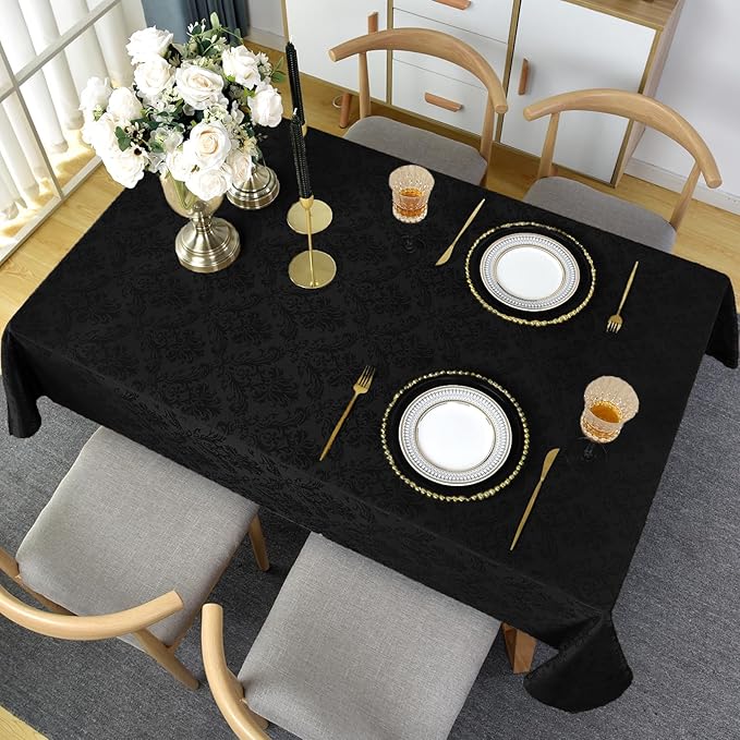 Rectangle Table Cloth - 60 x 84 Inch Black Jacquard Tablecloths Damask Design Spillproof Wrinkle Resistant Shrinkproof Soft Tablecloth Polyester Oblong Table Cover for Kitchen Dinning Party Tabletop