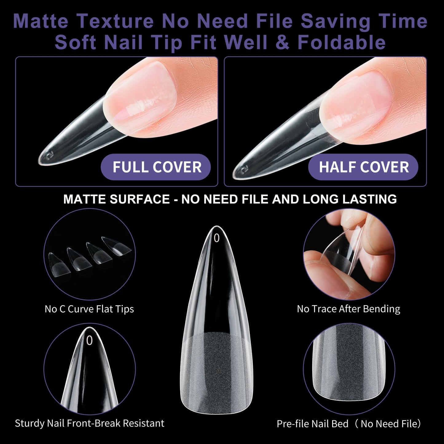 Half Matte Long Pointed Fake Nail Tips, Soft Gel Pre-Shaped Nail Tips, Full Cover False Nails with Clear Box for Nail Salons and DIY Nail Art, 600PCS/12 Sizes
