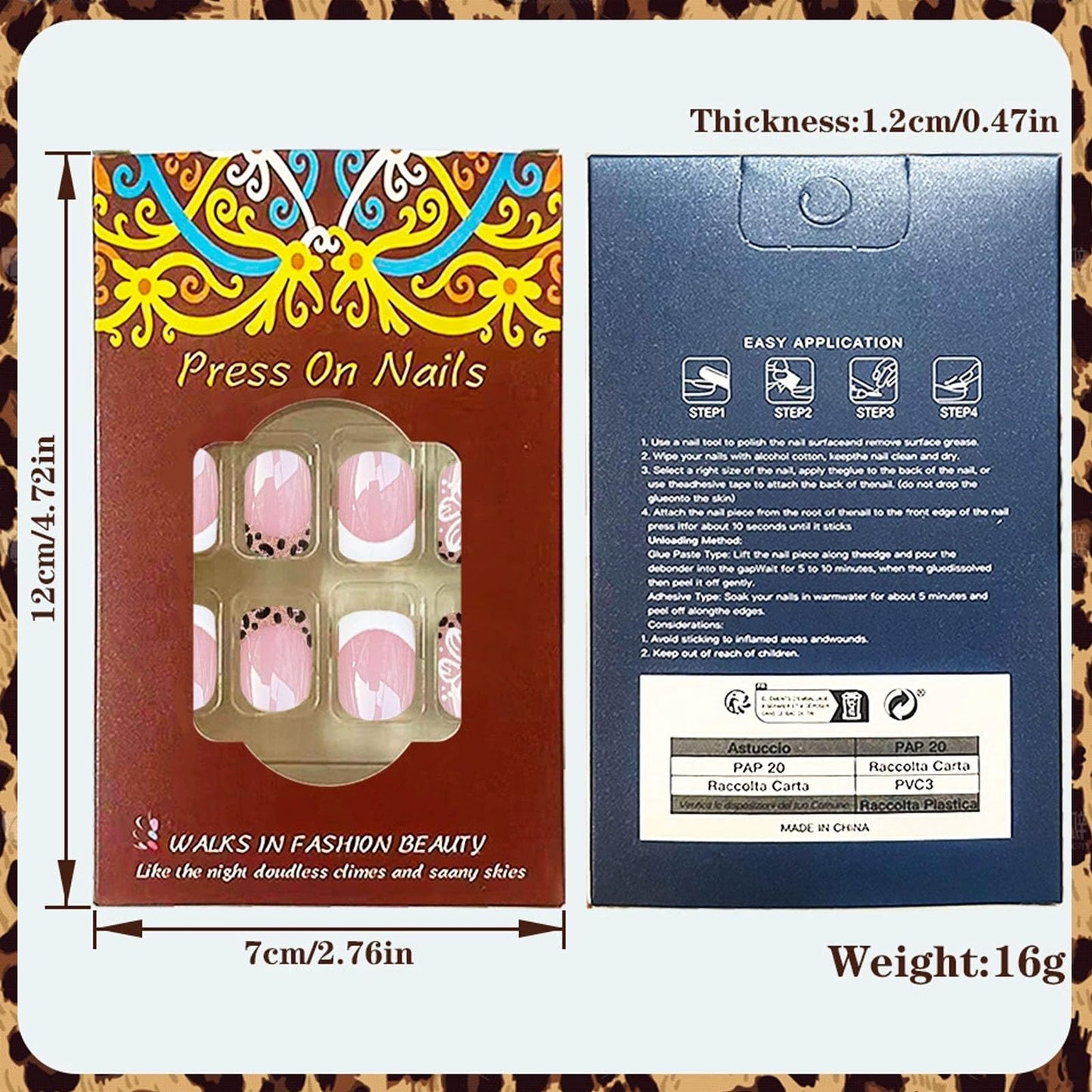 French Tip Press on Nails Short Square Fake Nails Pink Full Cover False Nail Press ons White & Leopard Print Glue on Nail with Flower Designs Glossy Artificial Acrylic Manicure Set for Women 24Pcs
