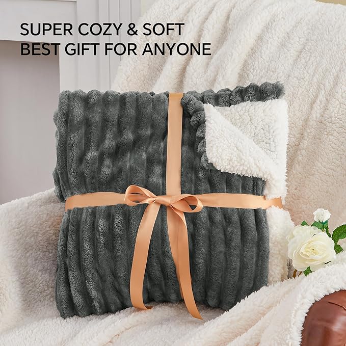 INFIIXSO Sherpa Throw Blanket for Couch - Super Soft & Warm Striped Fleece Blanket, Cozy Plush Fluffy Blanket All Season Use (Grey, 50x60 Inches)