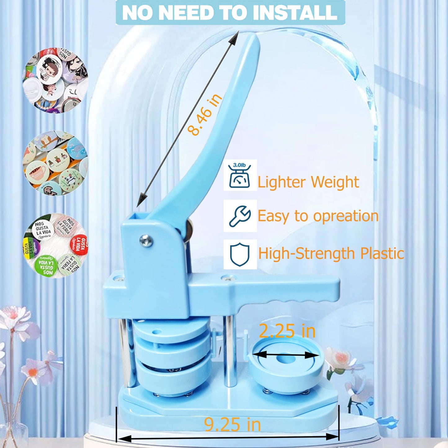 DCBADGE Button Maker Machine, Button Pin Maker (3rd Gen) Installation-Free DIY, Button Press Machine Kit with Free Button Parts&Circle Cutter&Wrench Gadget (Light Blue, 58mm（2.25in）)