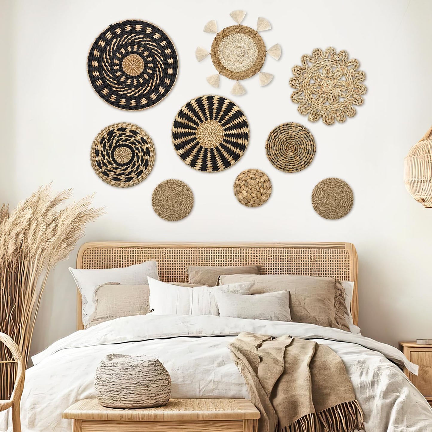 LOMOHOO Set of 9 Boho Wall Basket Decor Wicker Woven Wall Basket Decorations Bohemian Handcrafted Round Basket Hanging decor Bulrush Wall Art Decors for Living Room Rustic Home
