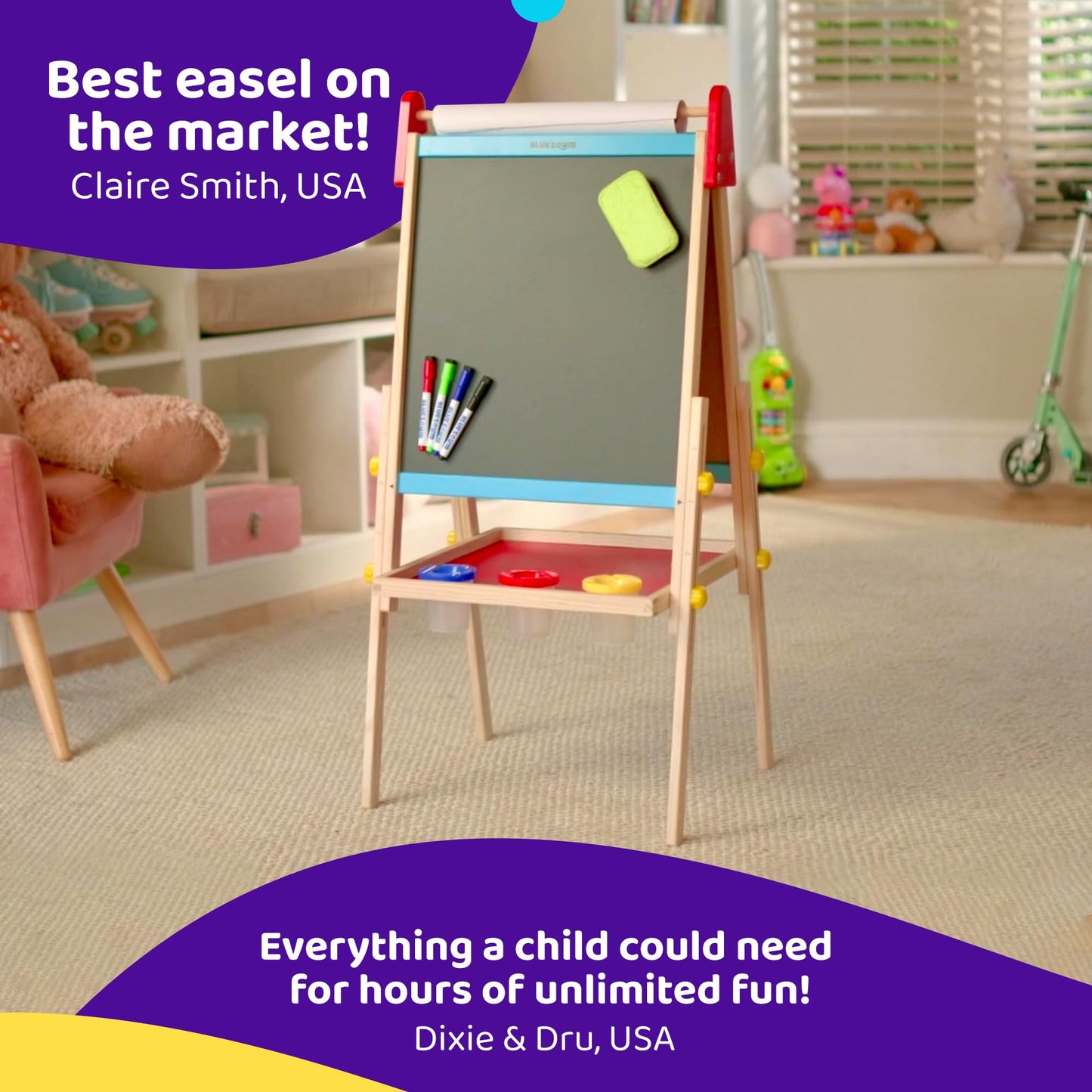 Blue Squid Art Easel for Kids with Paper Roll x 3, Includes 100+ Accessories, Double Sided Adjustable Wooden Painting Easel with Magnetic Chalk Board, White Board for Toddlers Ages 3,4,5,6,7,8,9,10,12
