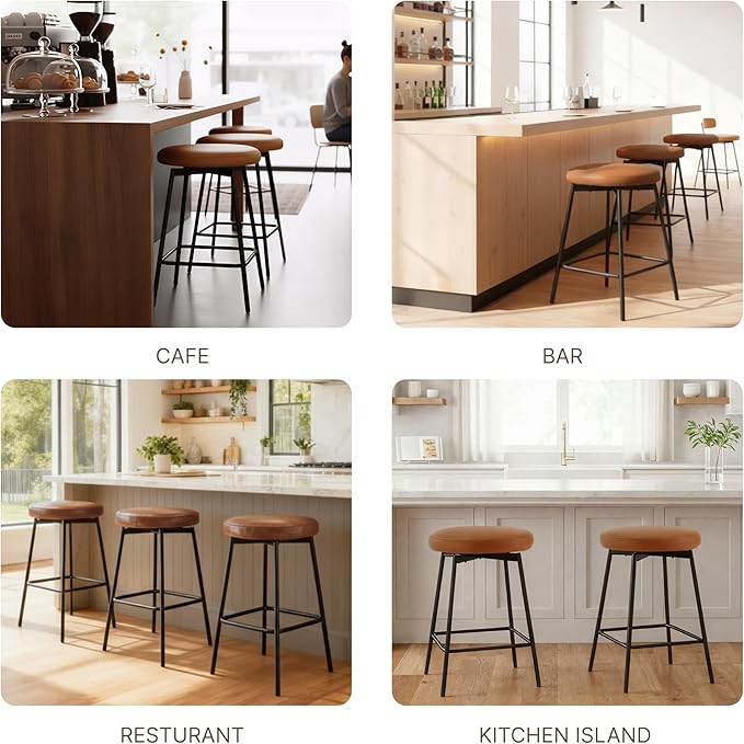 Swivel Bar Stools Set of 2, 24" Counter Height Bar Stool, Backless Barstools with Faux Leather Upholstered Seat&Sturdy Wood Legs for Kitchen Island, Beige