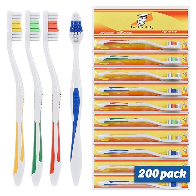 FactorDuty 200 Pack Toothbrush Standard Classic Medium Soft Toothbrush Bulk Individually Wrapped