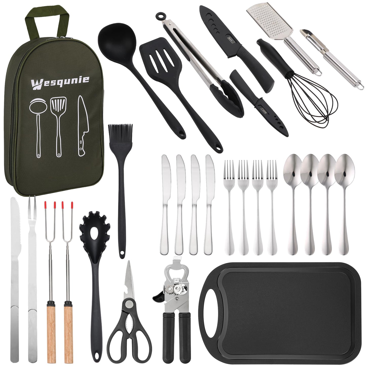 Wesqunie Camping Essentials Cooking Utensils Set - 30Pcs Stainless Steel & Silicone Camp Kitchen Cookware Set, RV Picnic Grill Equipment