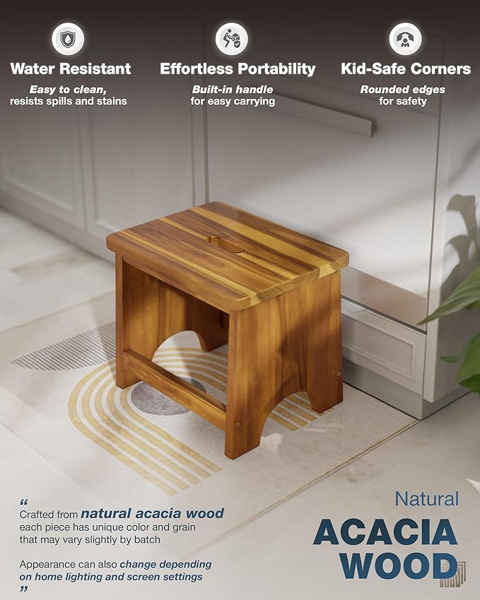 Wooden Step Stool, 13'' Heavy Duty Stepping Stool for Adults with Handle, Nonslip & Durable Design Supports up to 500lbs for Bedroom or Kitchen