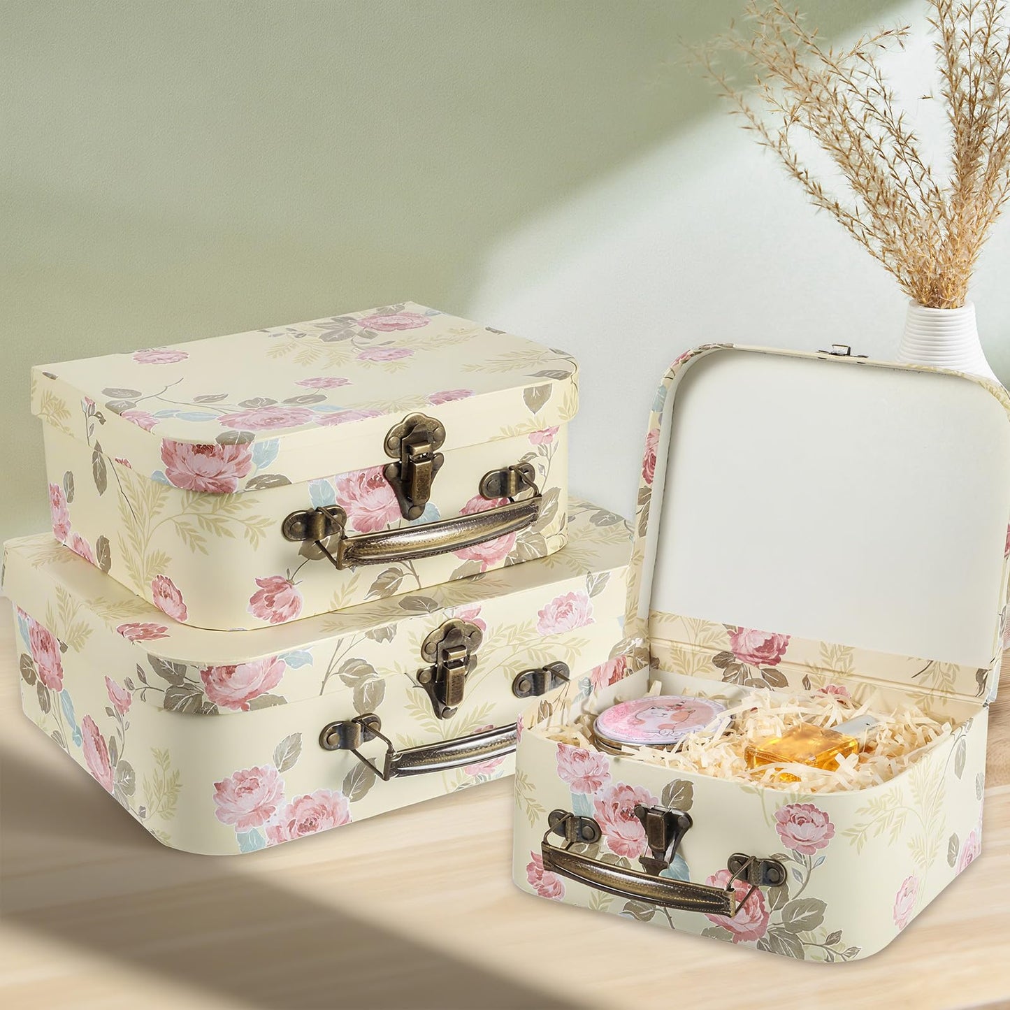 JOUTYFOR 3 Packs Decorative Boxes Storage Gift Boxes With Lids Paperboard Suitcases Storage Box for Photo Home Decoration, Wedding, Birthday, Anniversary(Light Yellow)