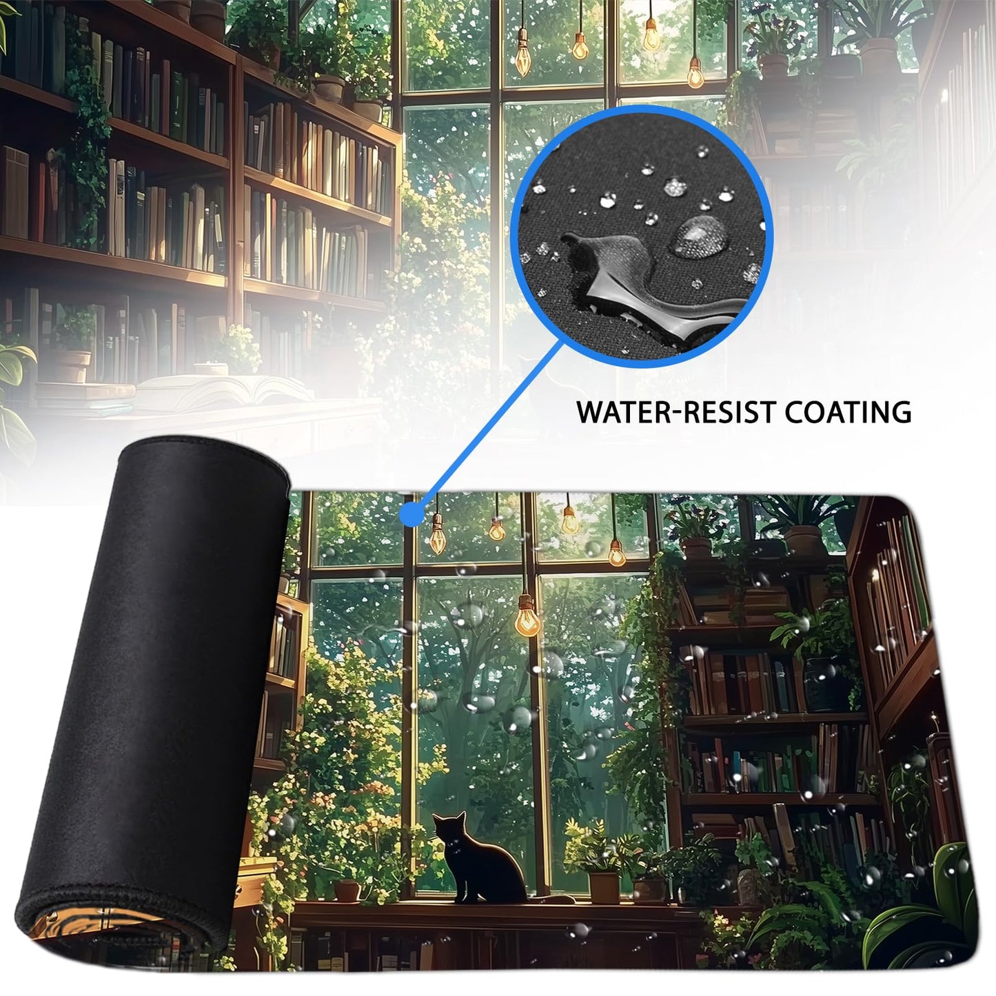 Green Plants Cat Gaming Mouse Pads Large, Full Cat Mousepad Cut, Computer Keyboard Desk Accessories Mat with Non Slip Base Stitched Edge, Gift for Cats Lovers Gift for Christmas 11.8”x 31.4”XL
