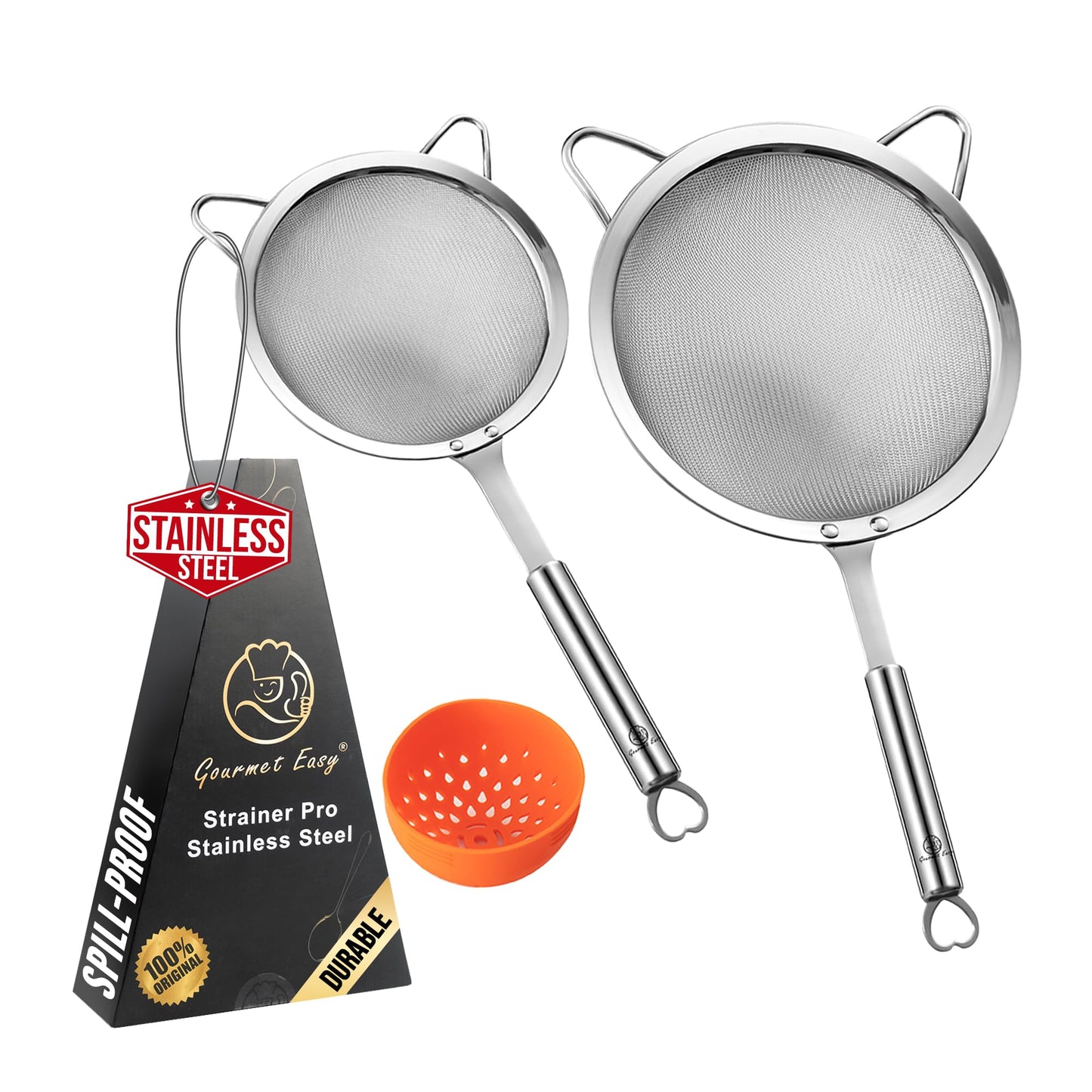 Stainless Steel Fine Mesh Strainer Set, Colander Set with 1 Large Flour Sifter (Sturdy Handle), 1 Small Mesh Sieve for Pasta & Rice, 1 Silicone Can Strainer – Durable, Dishwasher Safe, 5-Year Warranty