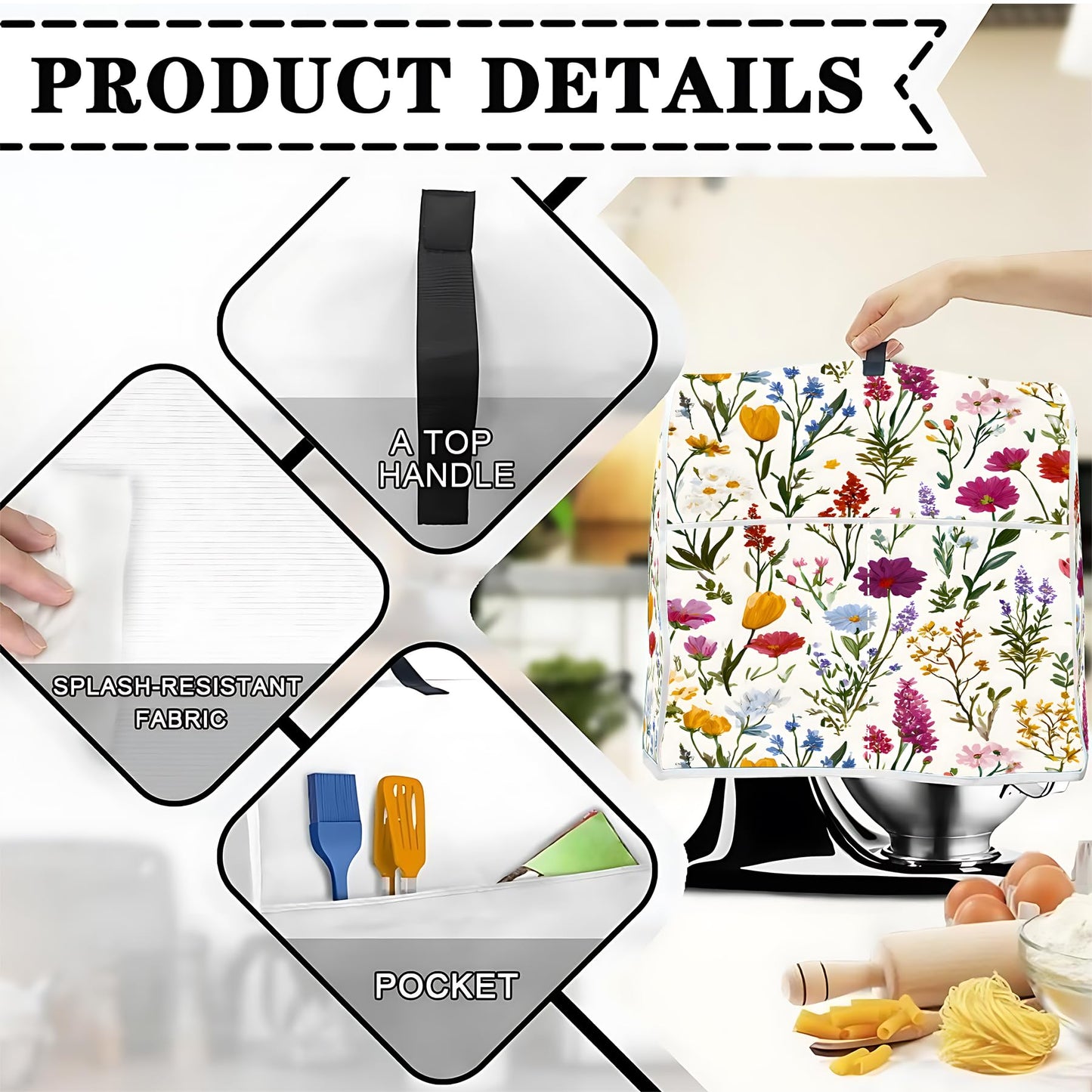 Mixer Dust Cover for 6-8 Qt Stand Mixer, Cloth Cover with 2 Storage Pockets for Stand Mixer Protective Covers Large for 6-8 Quart Mixer