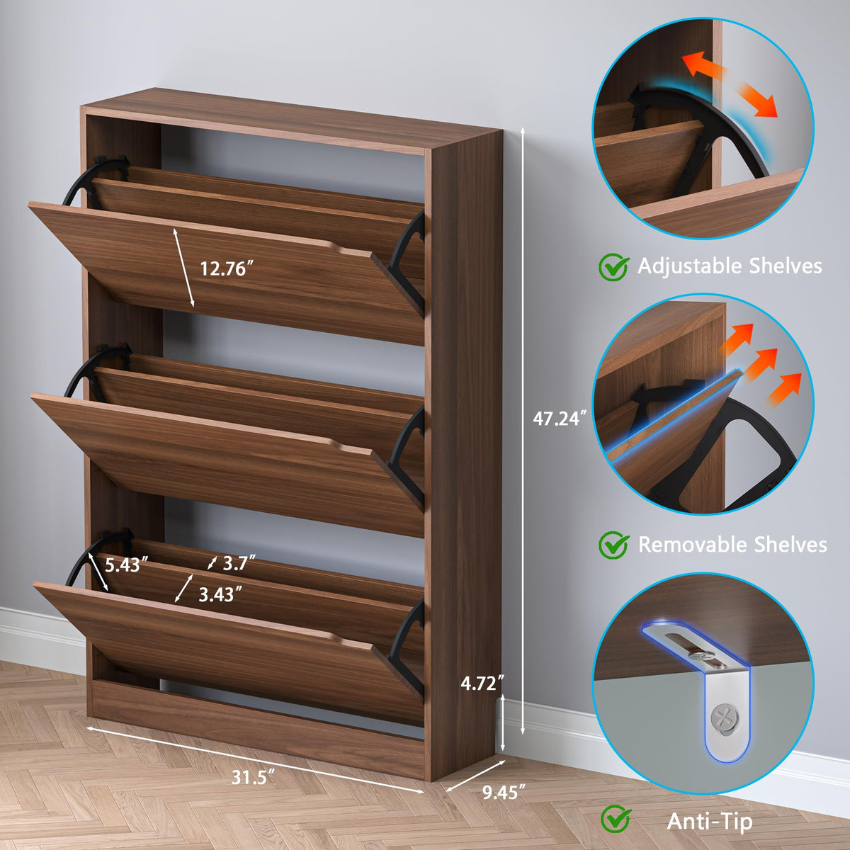 Shoe Cabinet with 3 Flip Drawers