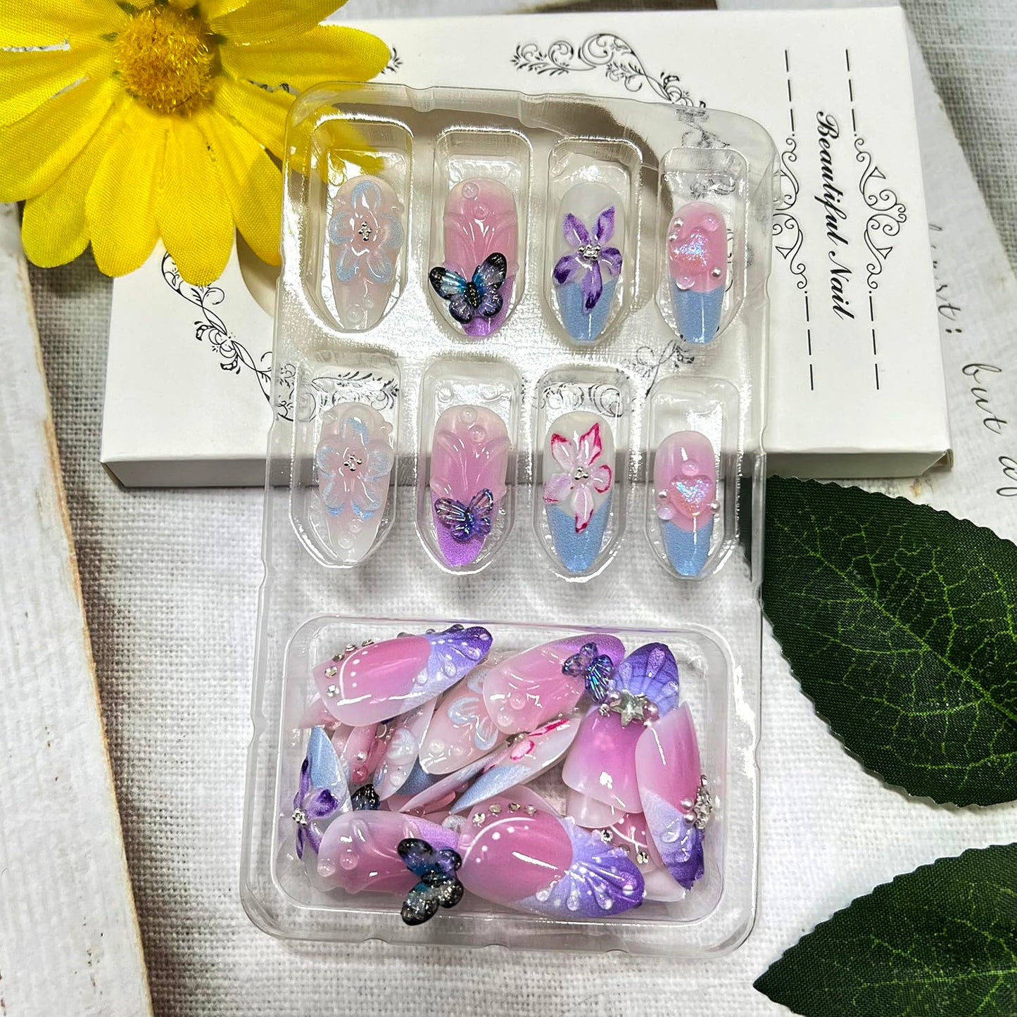 3D Flower Press on Nails Medium Almond Fake Nails with Butterfly Designs Blue French Tip False Nail Spring Summer Floral Stick on Nail for Women 30 Pcs