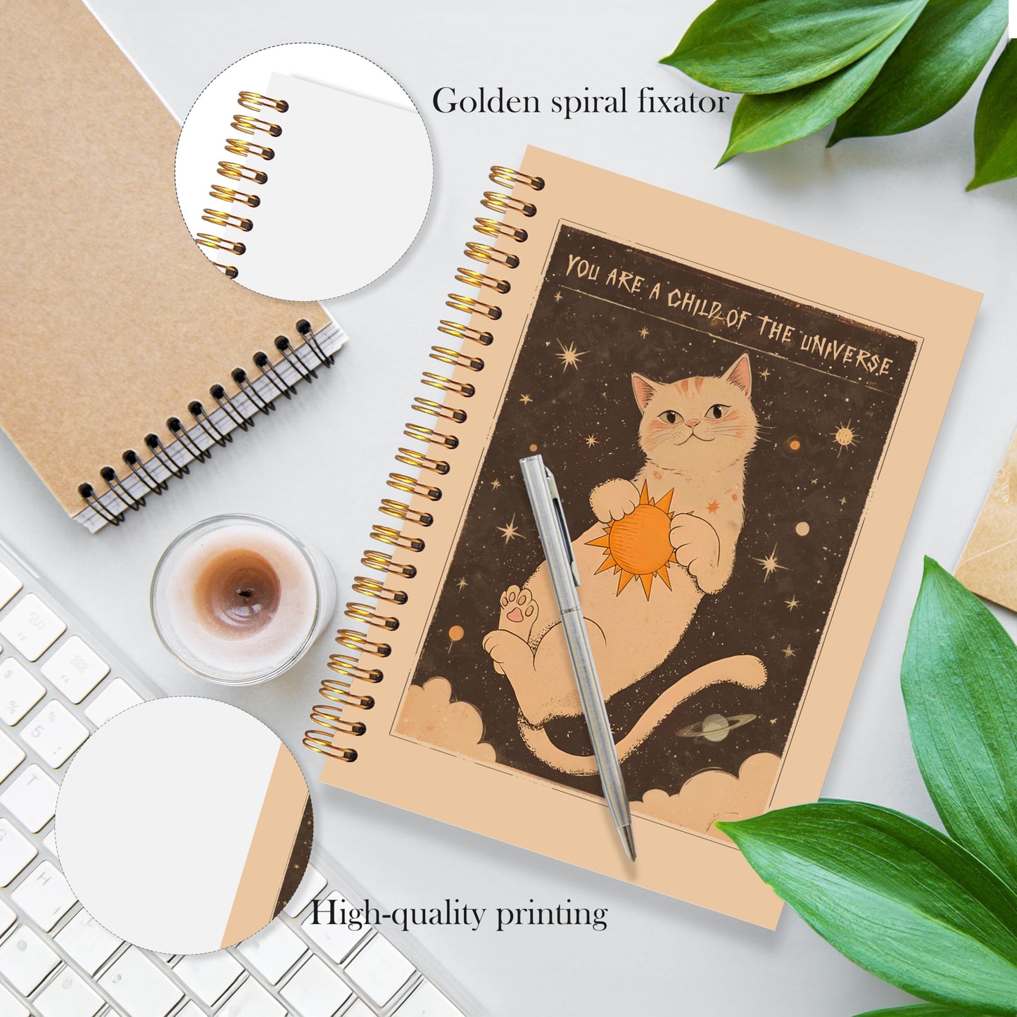 LADOCK Boho Space Cat Notebook Journal, Cat Lovers Gifts Journal, Boho Celestial Universe Cute Kitten Spiral Notebook, Cats Mom Lady Gifts for Women, 5.5x8.3