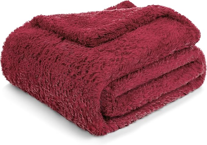 PAVILIA Sherpa Throw Blanket for Couch Sofa, Wine Red Fluffy Warm Plush Blanket for Bed, Cozy Super Soft Lightweight Throw, Fuzzy Decorative Blanket, All Season Home, 50x60