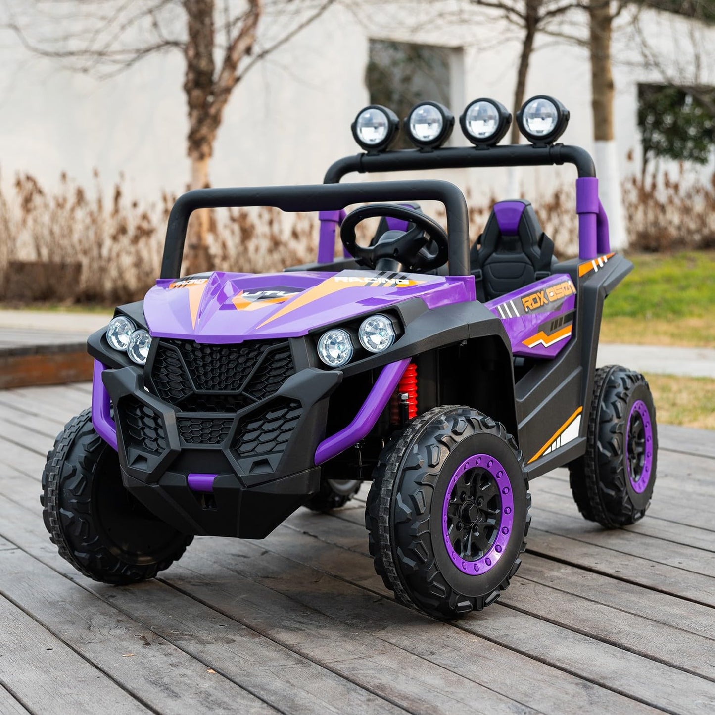 24V 2-Seater Kids Ride-On UTV, 4WD Electric Car with Parent Remote Control, 4x200W Motor, LED Headlights & Searchlights, Bluetooth Music, Spring Suspension, 3-Speed Off-Road Toy Gift, Purple