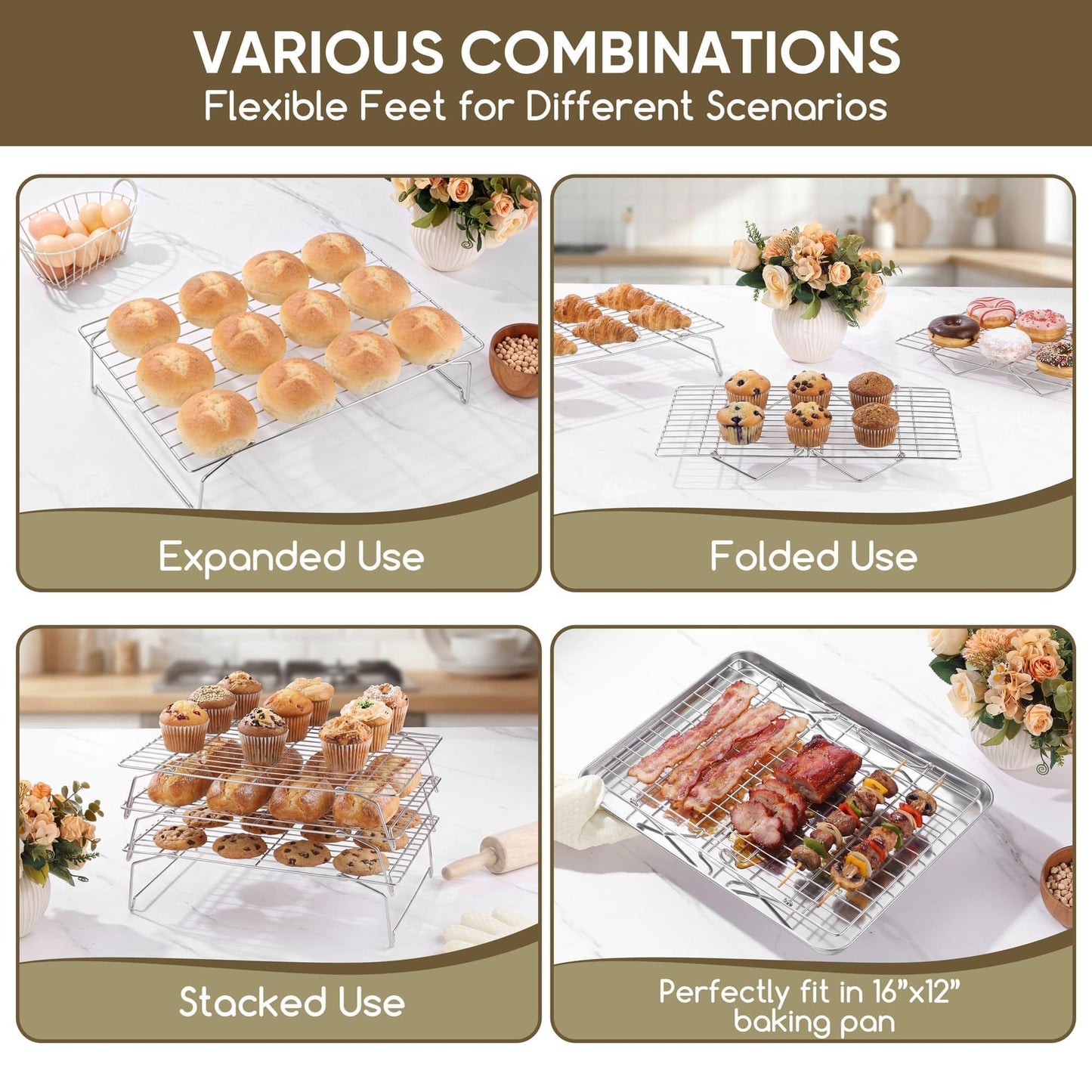 Herogo 5-Tier 15" x 10" Cooling Rack, Stainless Steel Baking Rack for Cookies, Cupcakes, and Pastries, Collapsible Space-Saving Design, Dishwasher Safe, Ideal for Baking, Roasting, and Drying