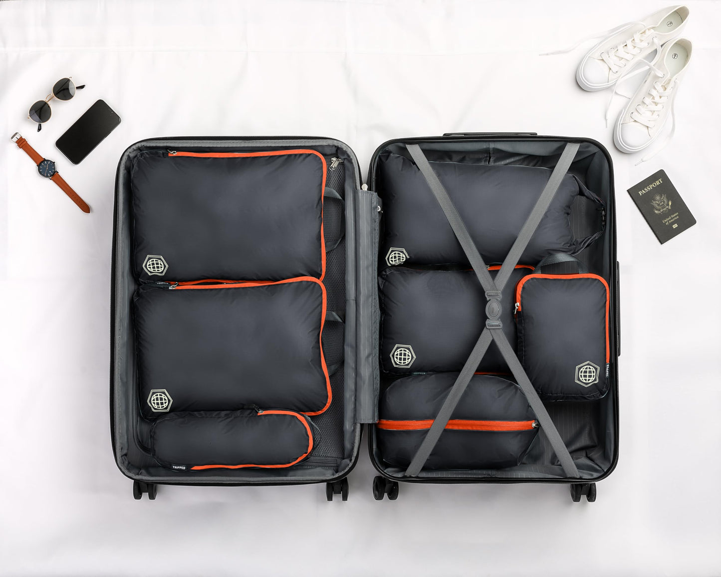 Large Compression Packing Cubes for Travel-Packing Cube Luggage Organizers 7 Piece Set for Checked Luggage-Ultralight, Expandable/Compression Bags by TRIPPED Travel Gear (Grey/Orange)