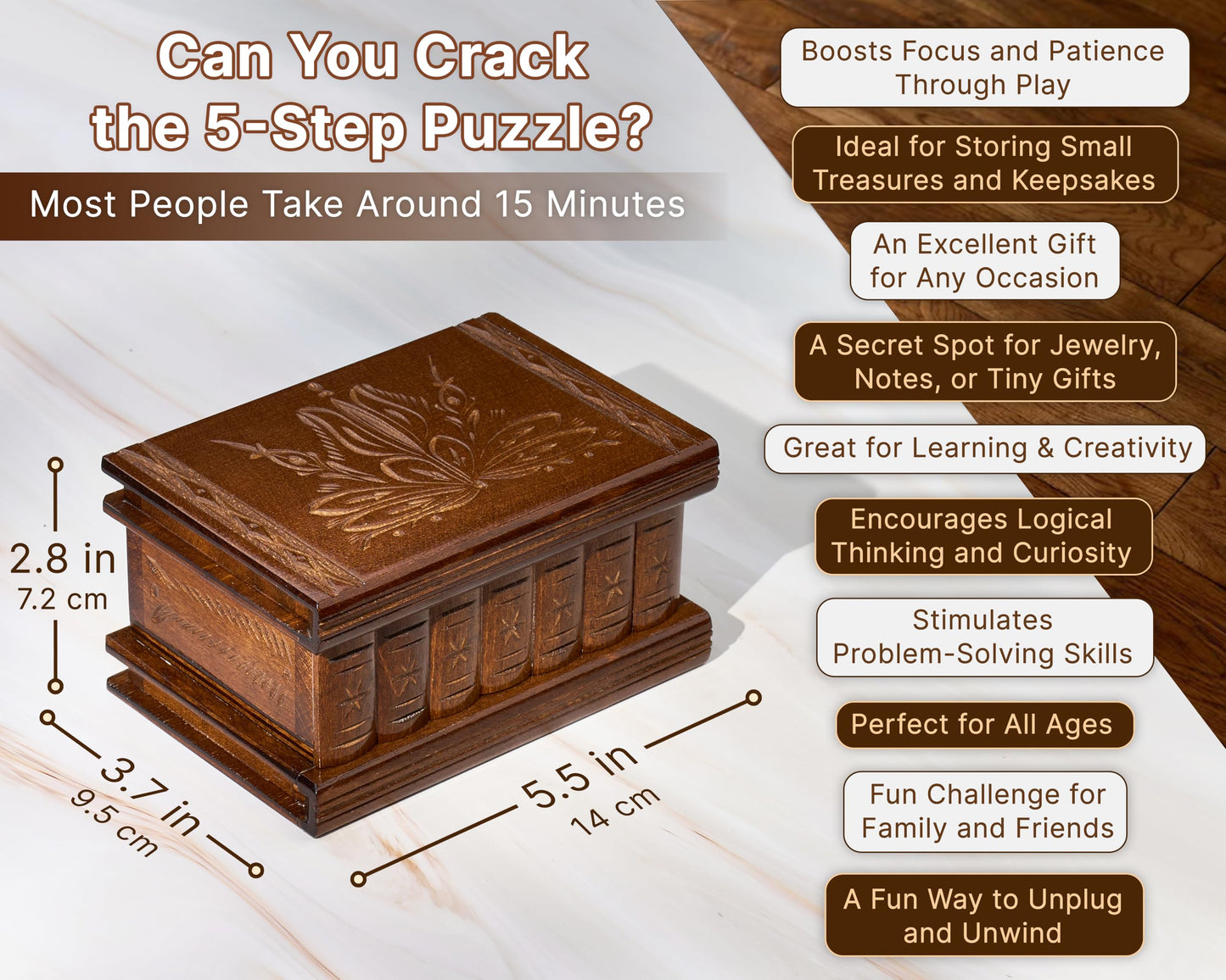 allboxesinoneplace Puzzle Box, Secret Wooden Puzzle Box with Hidden Compartments for Money, Gift Card, Escape Room